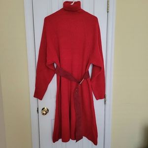 Women's Red Heavy Knit Turtle Neck Midi Sweater Dress Belt Raglan Dolman Sleeve